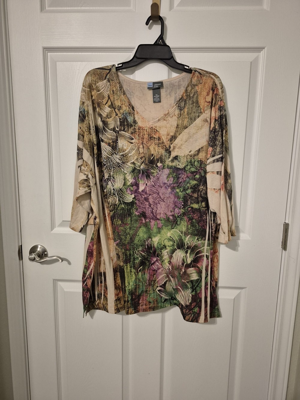 Liz & Me Floral V-Neck Tunic in Purple, Green and Beige